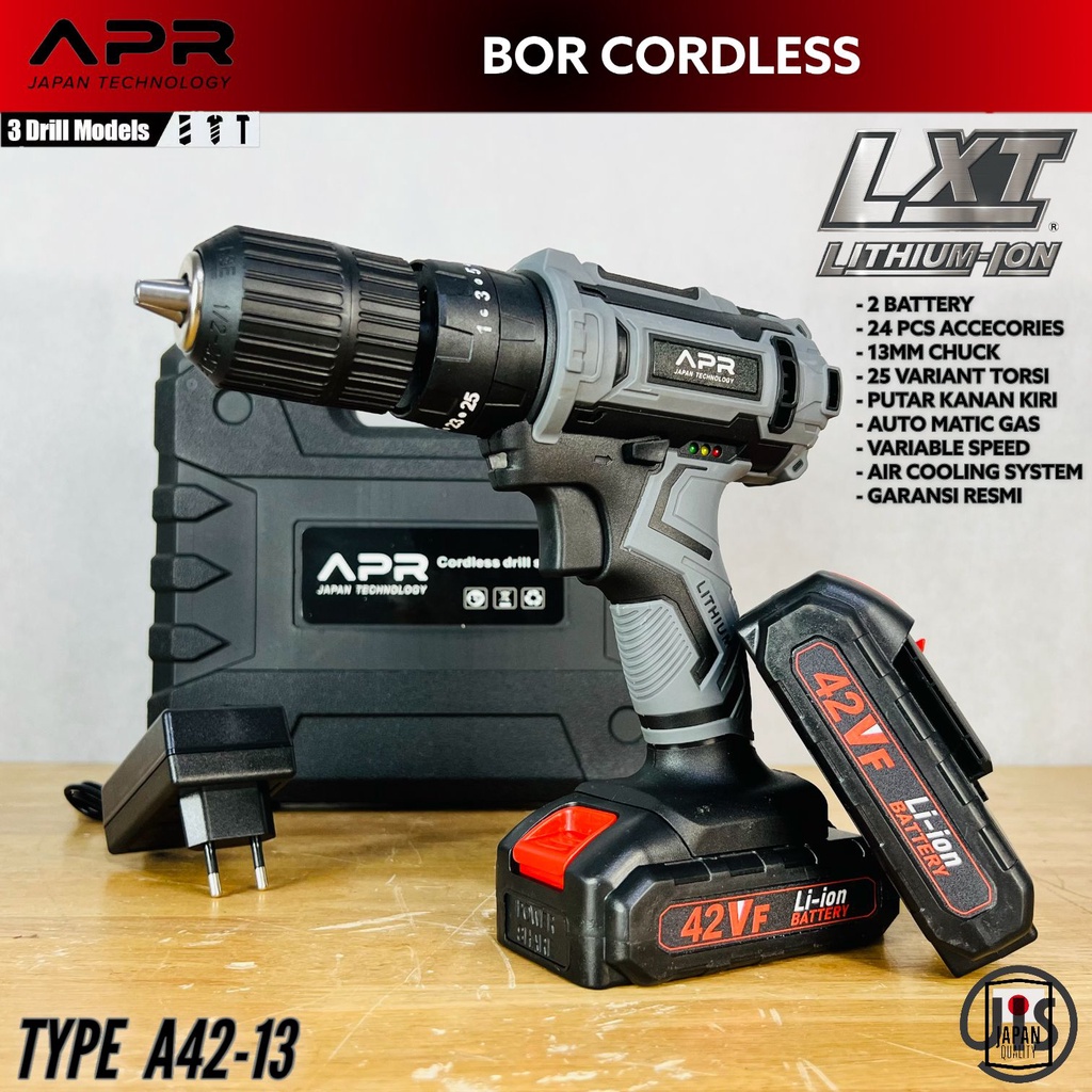 Jual Mesin Bor Cordless APR 42V 13mm Fullset Impact Drill Baterai Besi ...