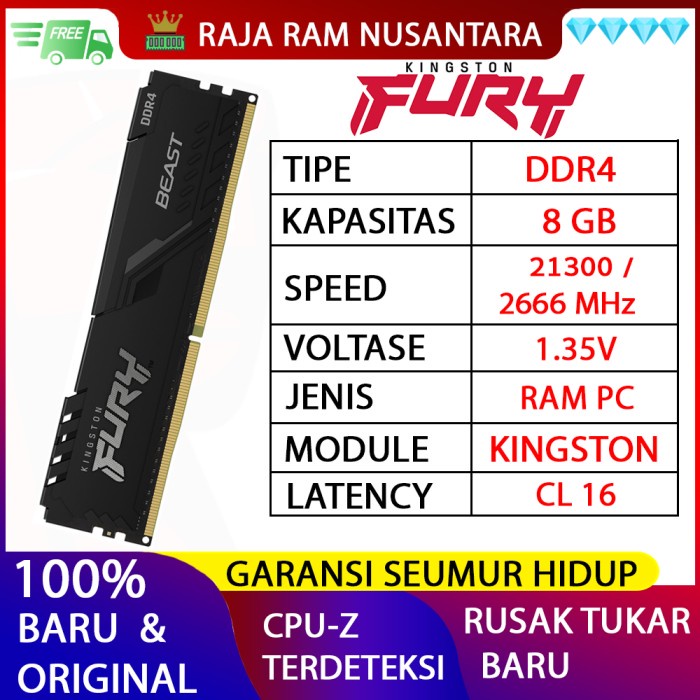 Jual Ram Kingston Fury Beast Ddr4 8Gb 2666 Mhz 21300 Ram Pc Ddr4