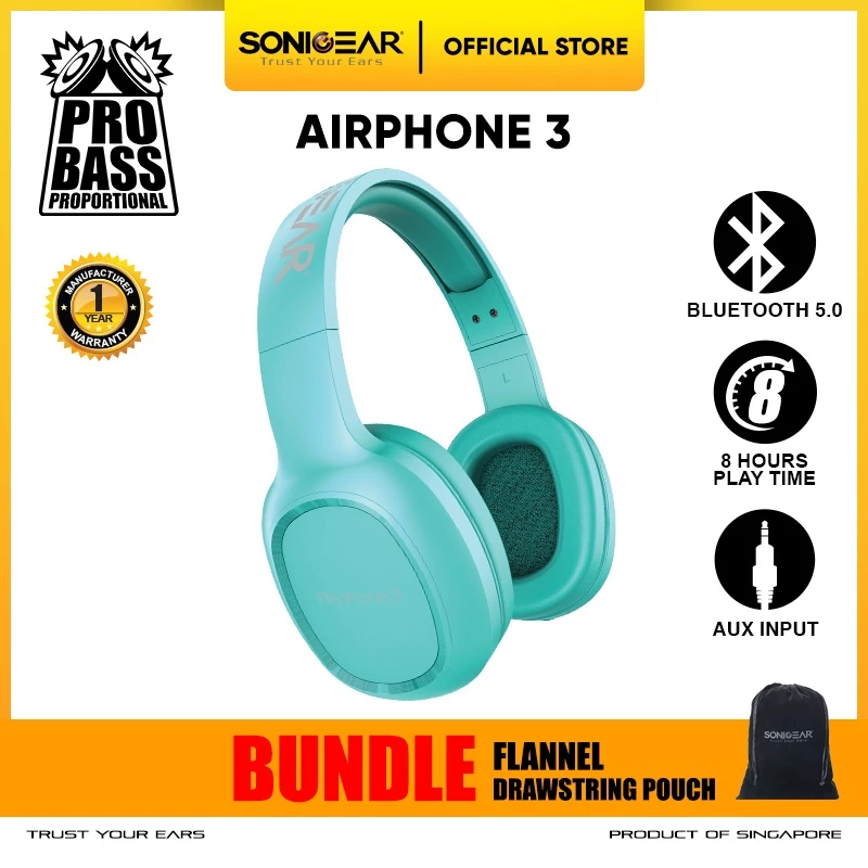SonicGear Airphone 3 Headphone Bluetooth Bundle Flannel Drawstring Pouch