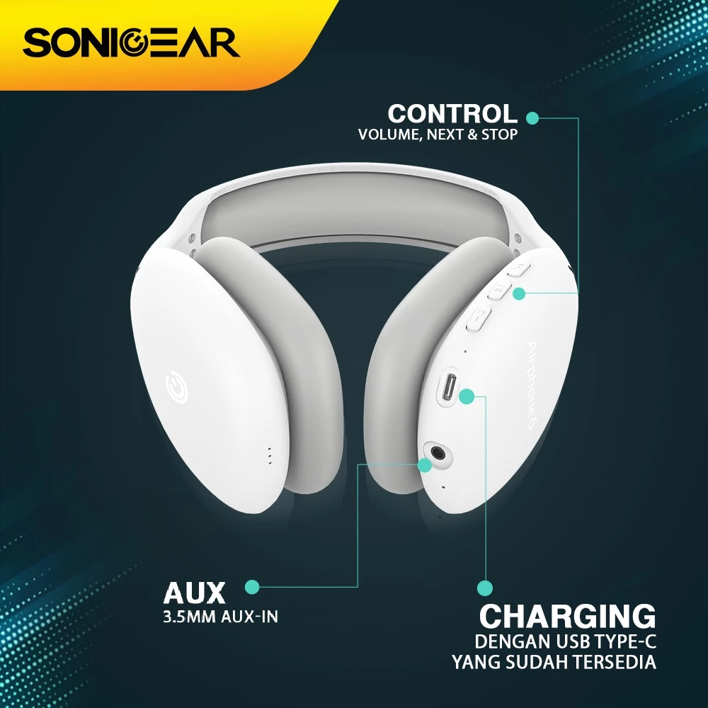Headset Bluetooth Headphone Wireless SonicGear AirPhone 6 with Mic | Up to 10 Hours PlayTime Bundle Fannel Drawstring Pouch Bag