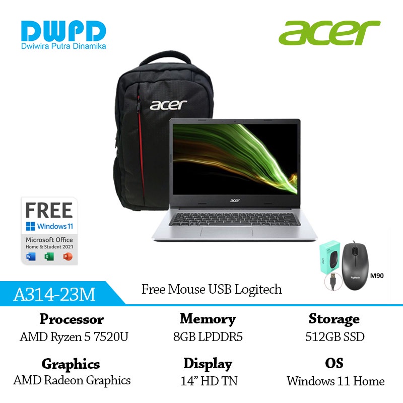 Jual ACER Notebook A314-23M-R897 AMD Ryzen 5 7520U 8GB 512GB 14