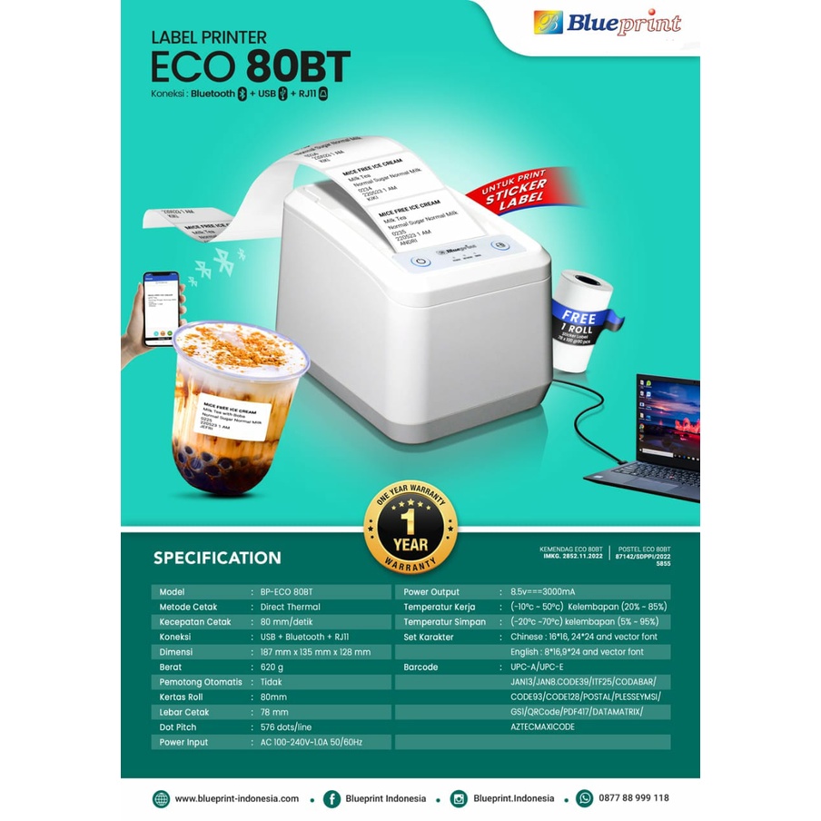 Jual Printer Label Thermal 80mm BLUEPRINT ECO80BT USB + Bluetooth ...