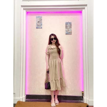 RD FASHION SMOCKED DRESS Gaun Musim Panas Kasual Baru Lengan Pendek Smocked Dress Lipit Bunga