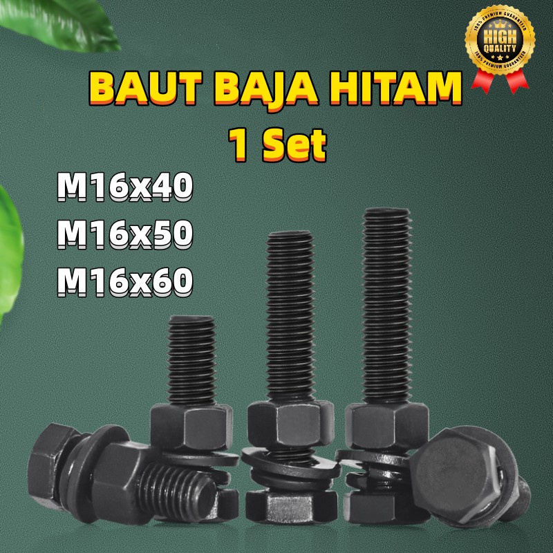 Jual Baut Mur Baja M16 Grade 10.9 Hex Full Drat 1 Set Baut Mur Baja ...