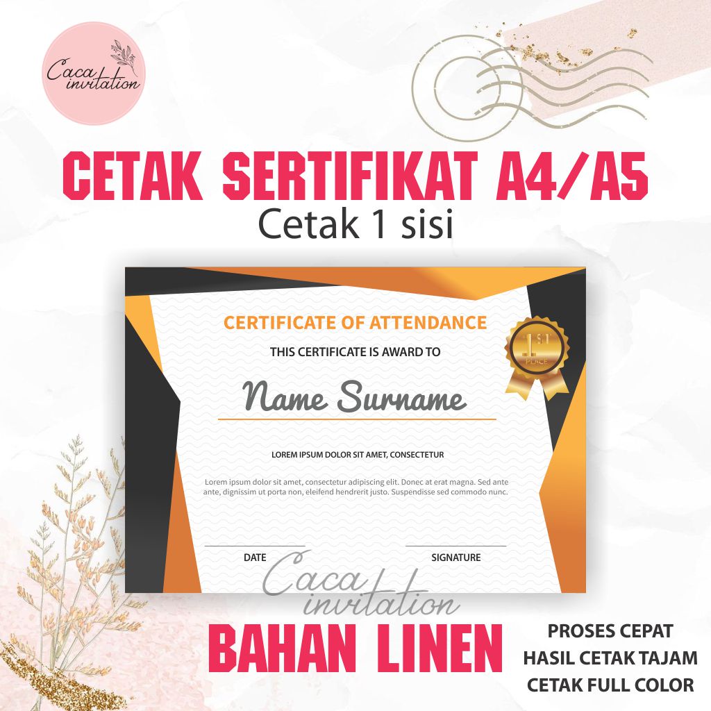 Jual Cetak Sertifikat Bahan Dasar Linen Art Paper Ukuran A4 A5 Tebal