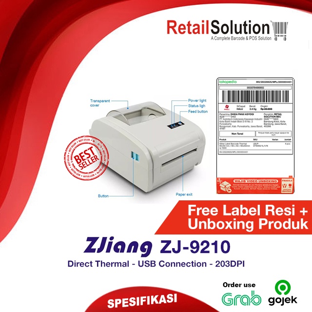 Jual Printer Barcode Label Thermal USB ZJIANG 9210 / ZJ9210 / ZJ9210