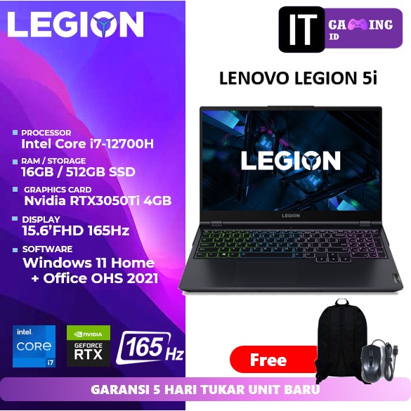 Jual Lenovo Legion 5i Core i712700H 16GB 512SSD RTX3050Ti 4GB W11+OHS