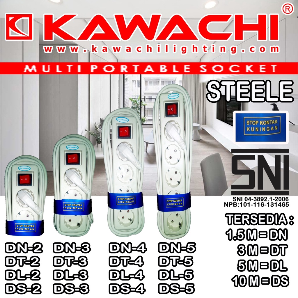 Jual Multi Socket / Stop Kontak kawachi 3 Meter 2/3/4/5 Lubang (Warna ...
