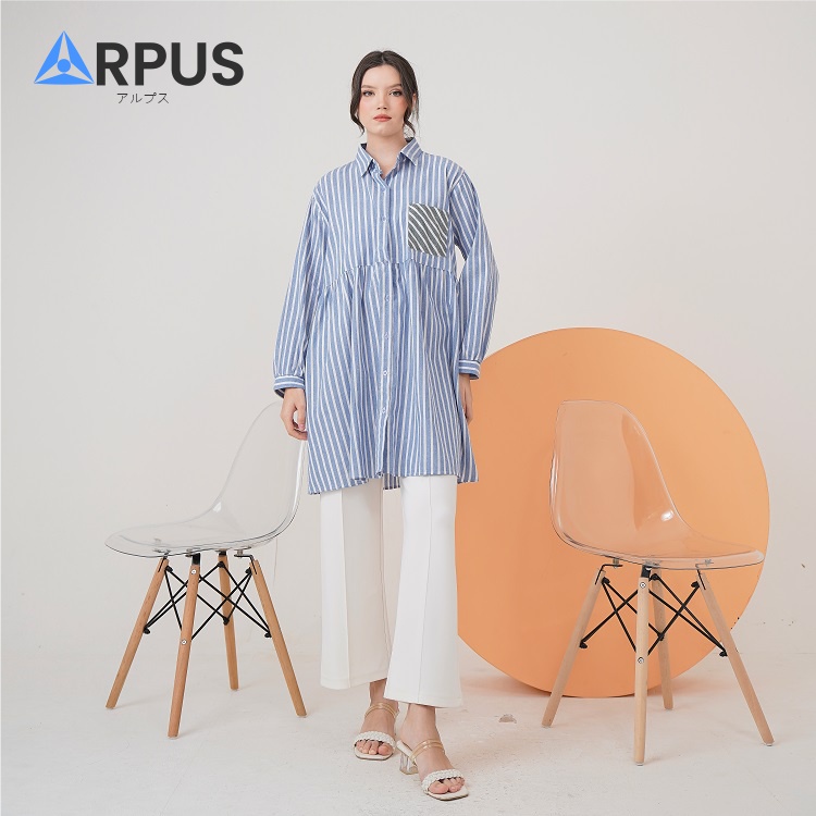 Jual Arpus Kemeja Tunik Panjang Garis Garis Wanita Atasan Kerah V