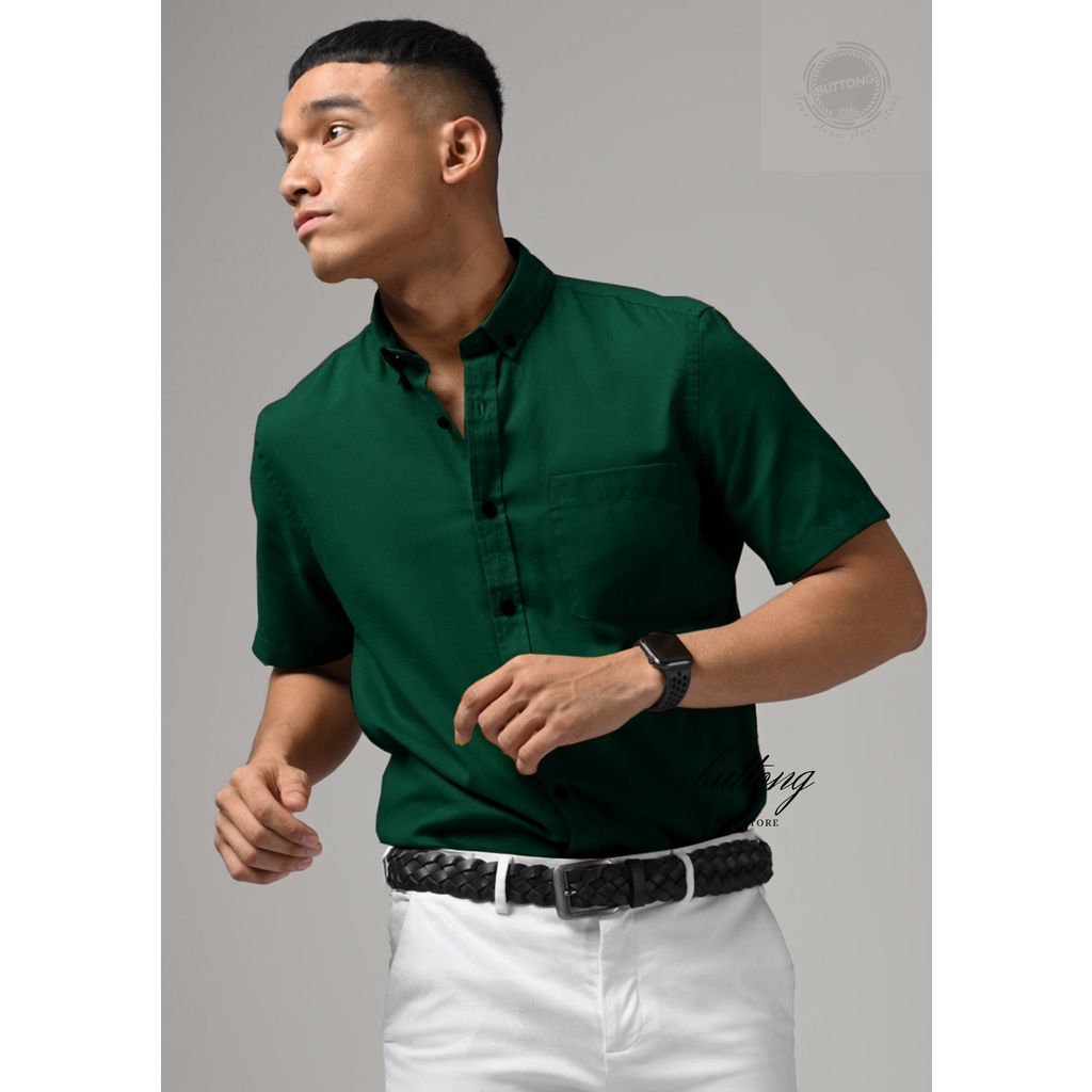 Jual Kemeja pendek linen kasual premium slimfit polos warna hitam biru