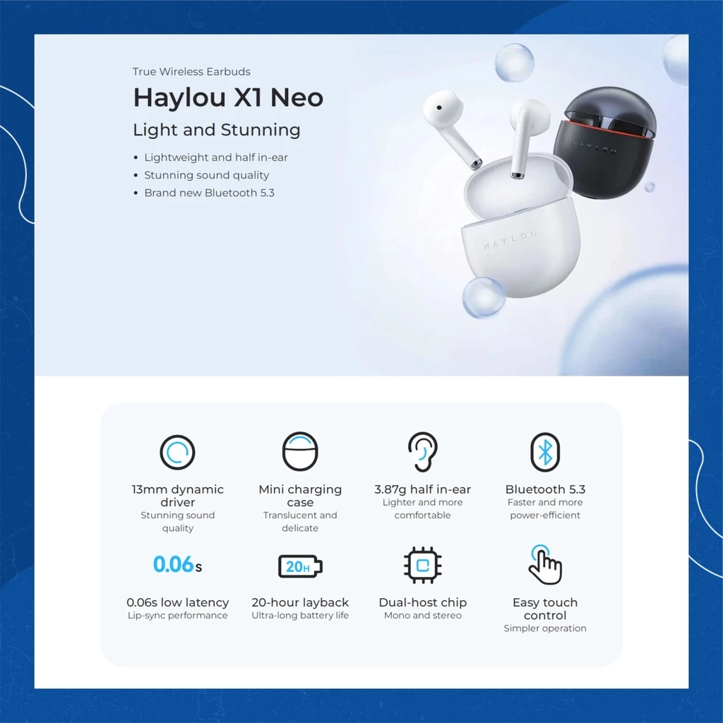 HAYLOU X1 NEO TWS Bluetooth 5.3 Headset Earbuds IPX4 Lightweight USB C