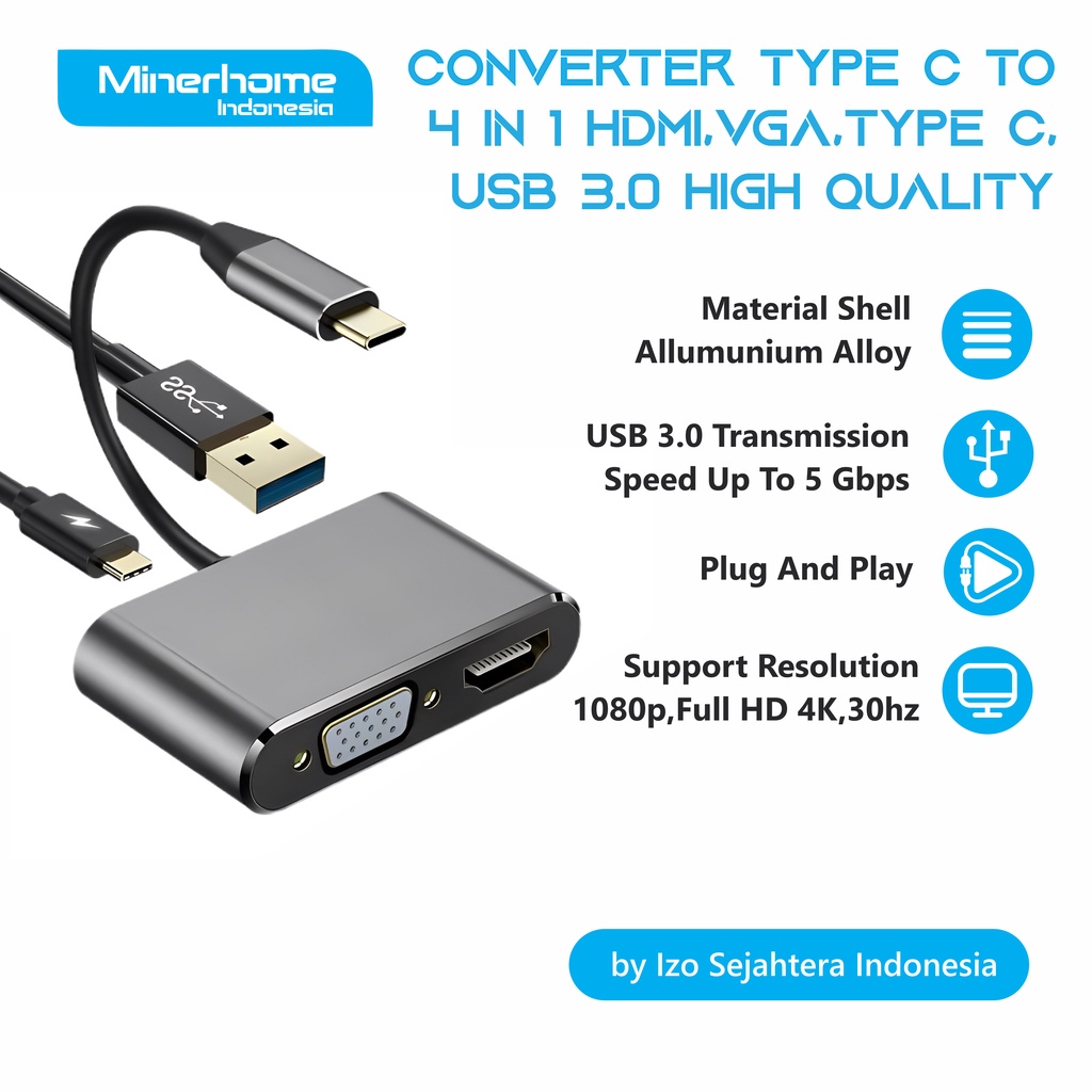 Jual Converter Adapter Type C 4 In 1 to HDMI, VGA, Type USB C, USB A 3. ...