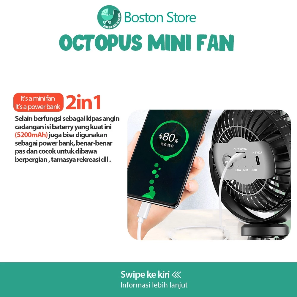 Kipas angin mini flexible usb rechargeable untuk stroller bayi / kipas angin