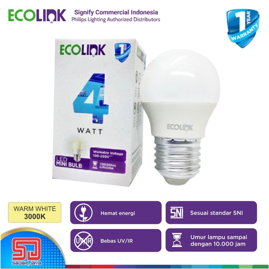 Jual ECOLINK Lampu LED Bohlam Mini P45 4Watt E27 3000K 6500K Kuning ...