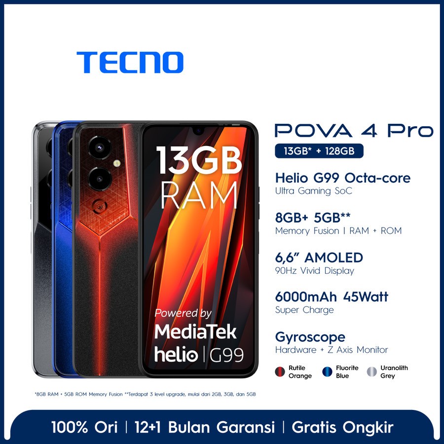 Jual TECNO POVA 4 Pro 8+5GB* + 128/256GB Helio G99, 6.66" FHD+ AMOLED ...