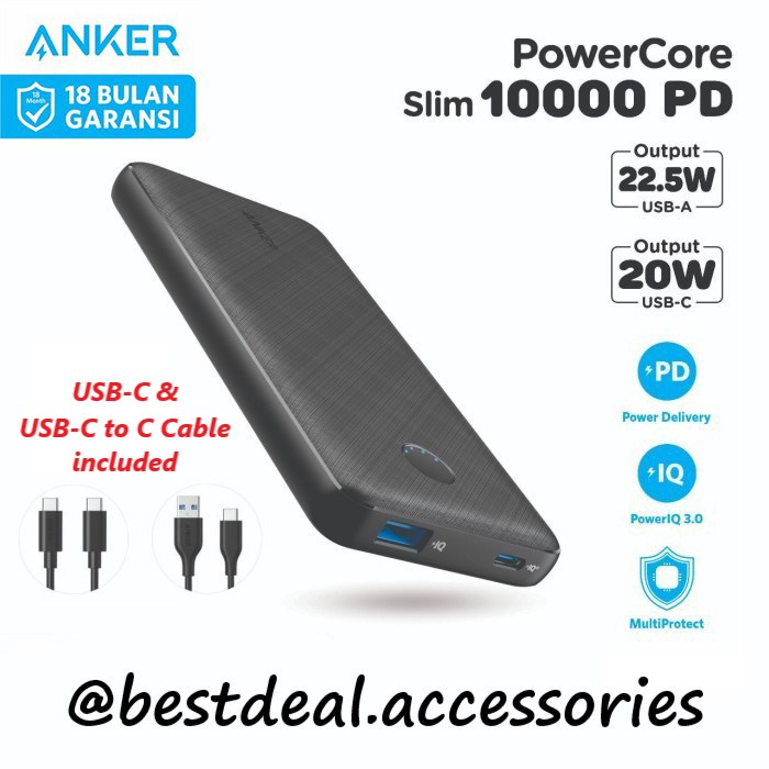 Jual Anker Powercore Slim 10000mah 10k Pd Dual Usb 20w 22w Usb C A1245 Shopee Indonesia 7008