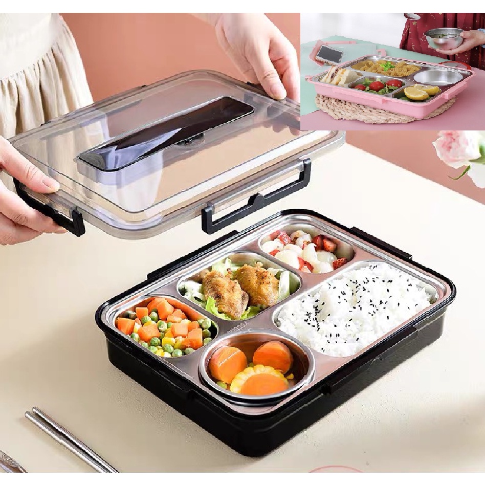 Jual Lunch Box Kotak Tempat Makan Bekal Nasi Set 5 Sekat Stainless Anti Tumpah Dan Tahan Panas