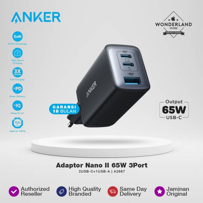 Jual Anker Charger 735 Nano Gan 2 65W 45W 3 Port USB Type A/C PD PPS ...