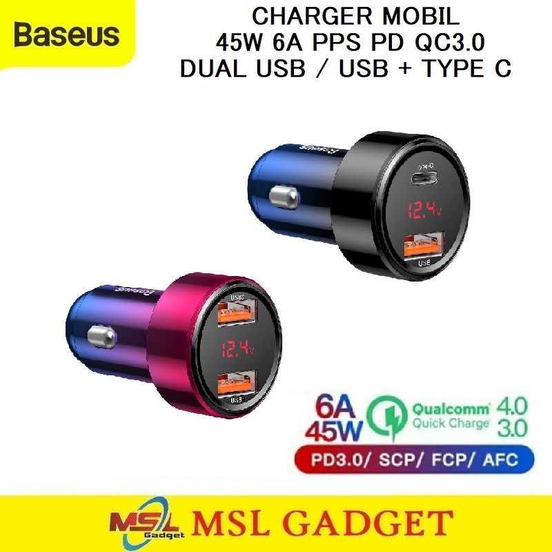 Jual Baseus Car Charger Mobil 45W 6A 2 Port USB + Type C PPS PD QC4.0