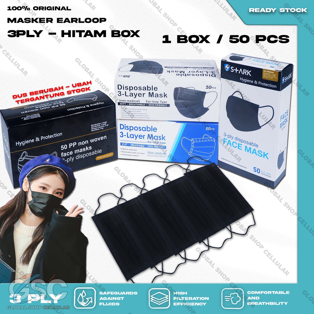 Jual Masker Hitam 3 Ply 3Ply Warna Black Earloop Surgical Mask BFE 95% ...