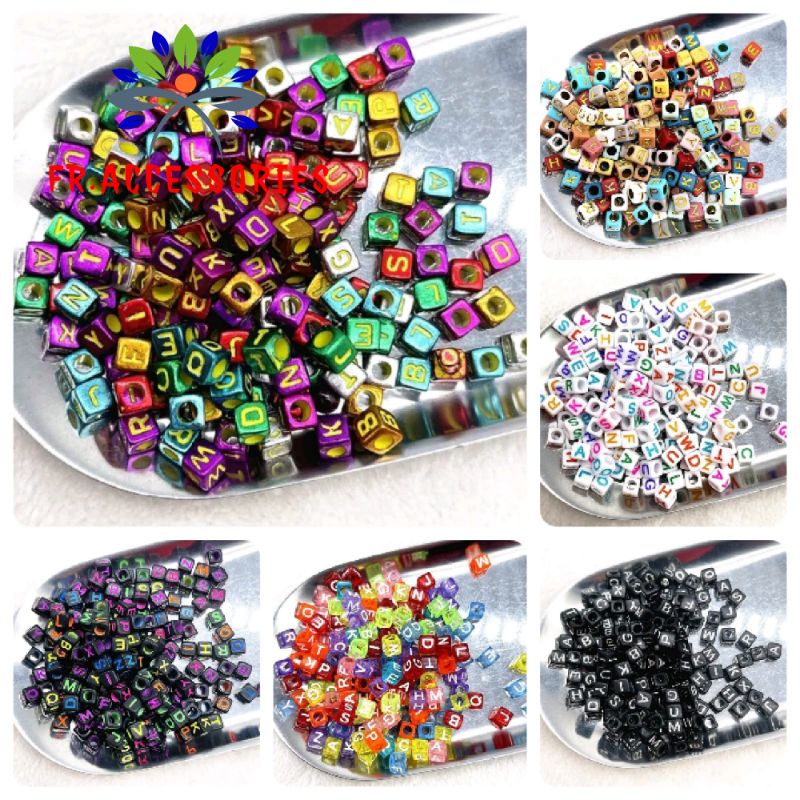 (100Pcs)MANIK MOTE HURUF KOTAK KUBUS BAHAN KERAJINAN KALUNG DAN GELANG