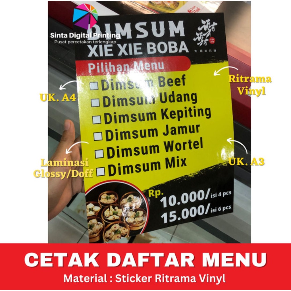 Jual Cetak Daftar Menu Sticker Vynl Free Cutting Dan Free Design Custom Cetak Daftar Menu 6265