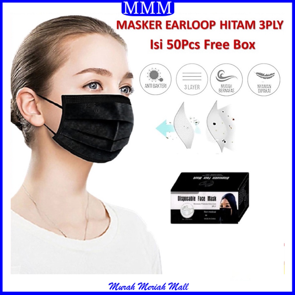 Jual MMM Masker Hitam 3Ply Masker Mulut Black 50 Pcs Facemask Earloop ...