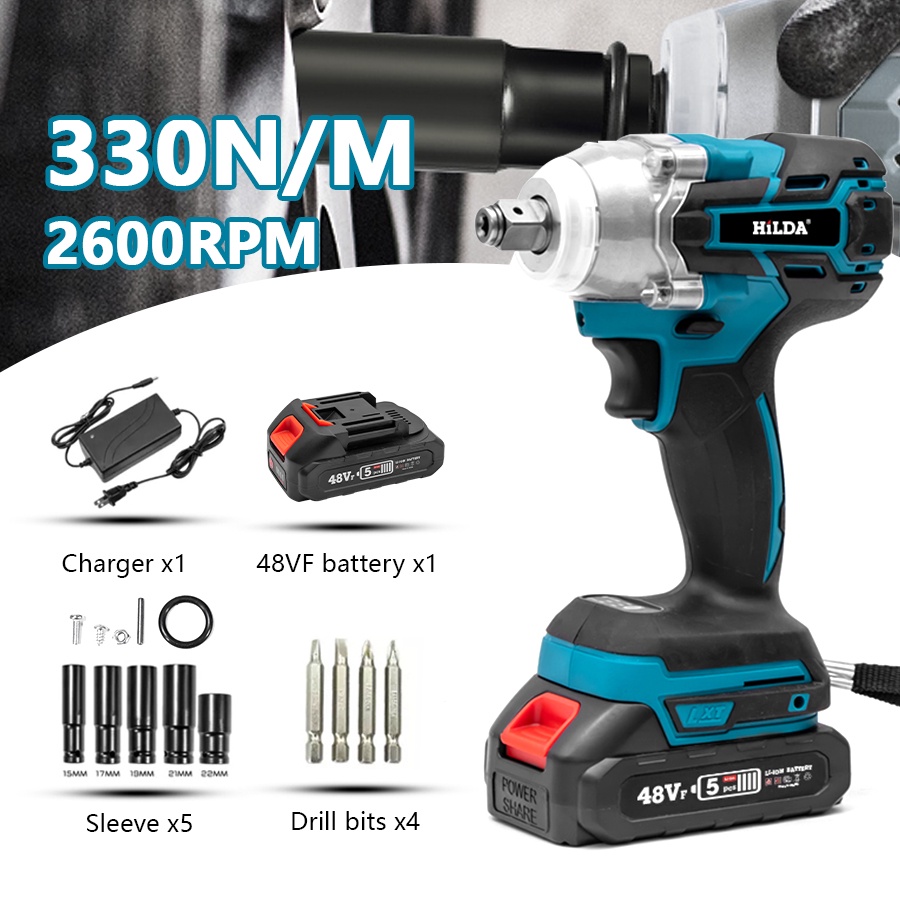 Jual HILDA Cordless Impact Wrench 330N.M Mesin Bor impact baterai 48VF