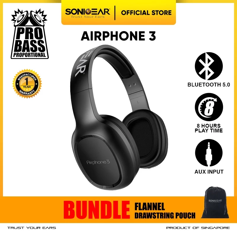 SonicGear Airphone 3 Headphone Bluetooth Bundle Flannel Drawstring Pouch