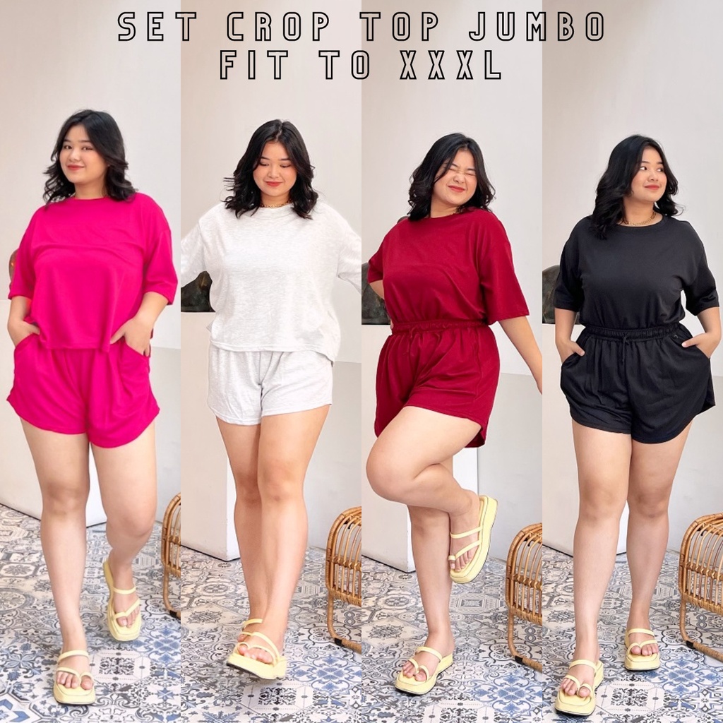 Jual Set Crop Top Jumbo Polos Wanita Setelan Crop Bigsize Set Crop