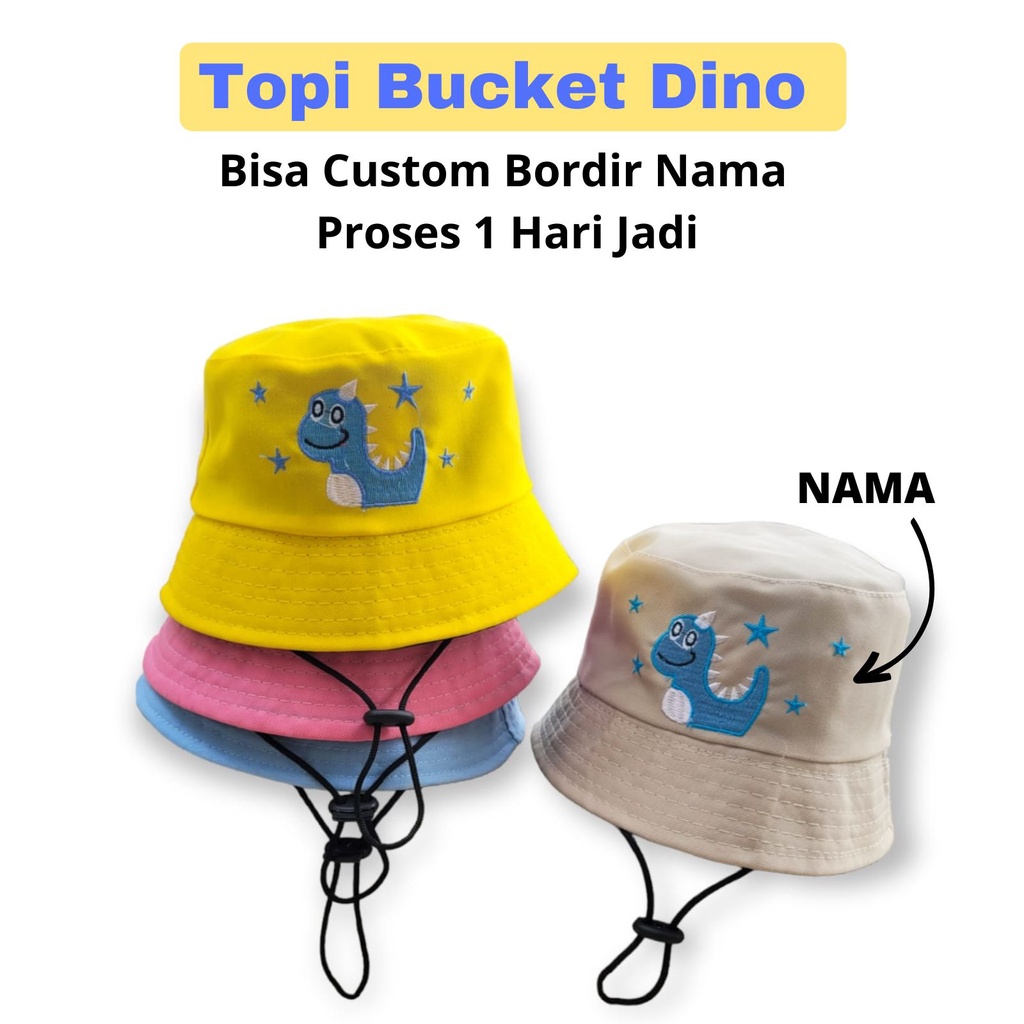 Bucket Hat Anak Perempuan Laki Laki Bordir Cute Bolak Balik Dino