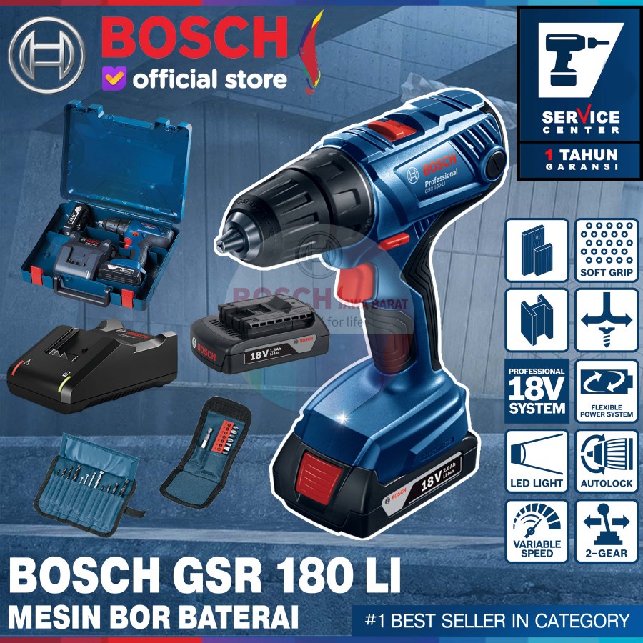 Jual Bosch GSR 180-Li Cordless Drill / Bor Baterai 18V 2 Battery Koper ...