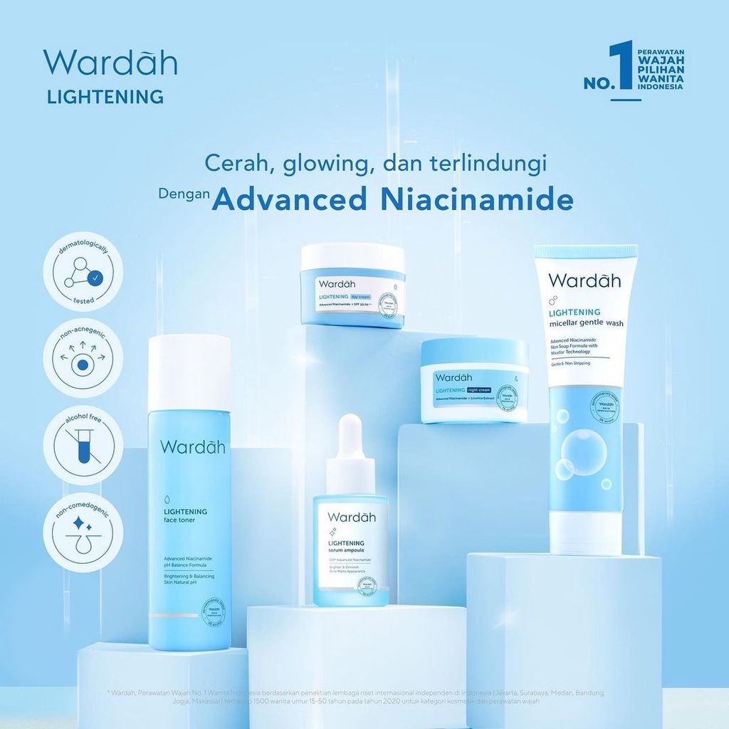 WARDAH Lightening Series Indonesia / Facial Wash Face Scrub Micellar Water Essence Toner Mist Serum Day Night Eye Cream Sunscreen Mask Masker Lip Tint Matte Gloss / Crystal Secret Acnederm Nature Daily Renew You C Defense Uv Shield Spf Colorfit Acne Paket