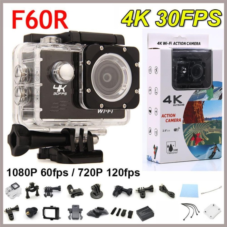 Jual Set Action Camera Sport Cam 4k Wifi Waterproof 30M Case LCD 2 F60