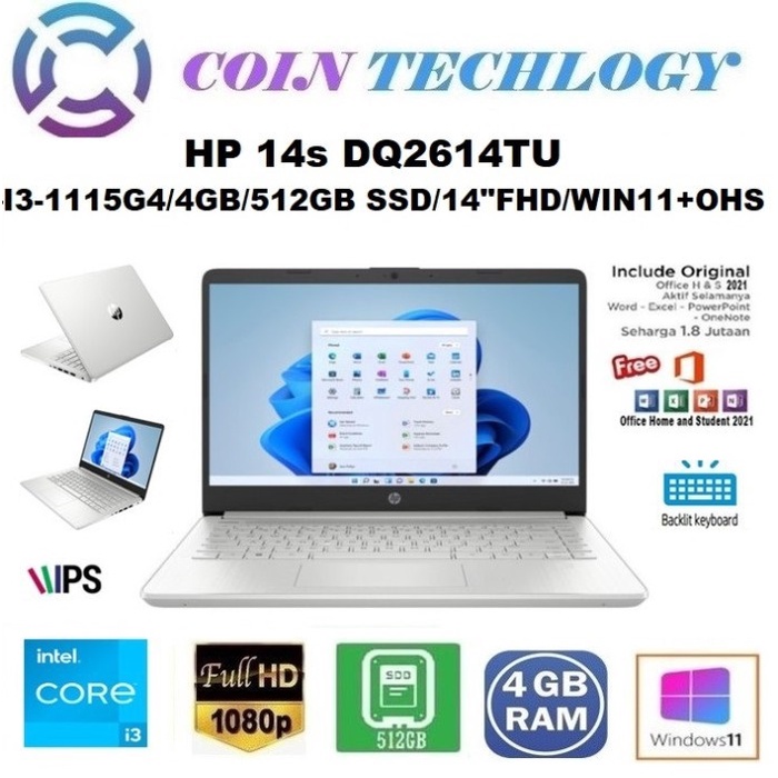 Jual Laptop Hp 14s Dq2614tu Intel I3 1115g4 4gb 512gb Ssd 14fhd Win11 Ohs Dq2614tu Silver 0384