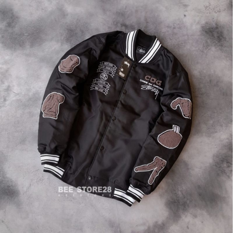 Jual JACKET VARSITY CDG X STUSSY HITAM FULL BORDIR PREMIUM