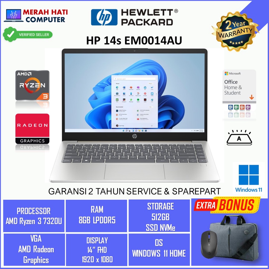 Jual Laptop Hp 14s Em0014au Ryzen 3 7320u 8gb Ddr5 512gb Fhd Windows 11 Home Ohs Original 4973