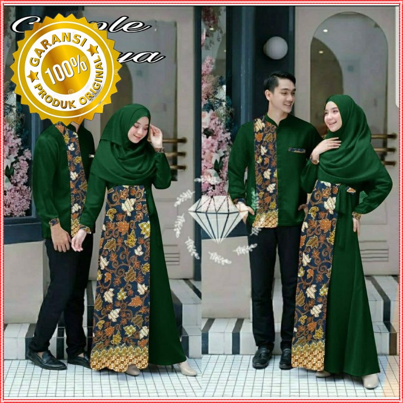 Jual Baju Couple Muslim Batik Sarimbit Sage Tunangan Gamis Kemeja Keluarga Lebaran Terbaru Suami