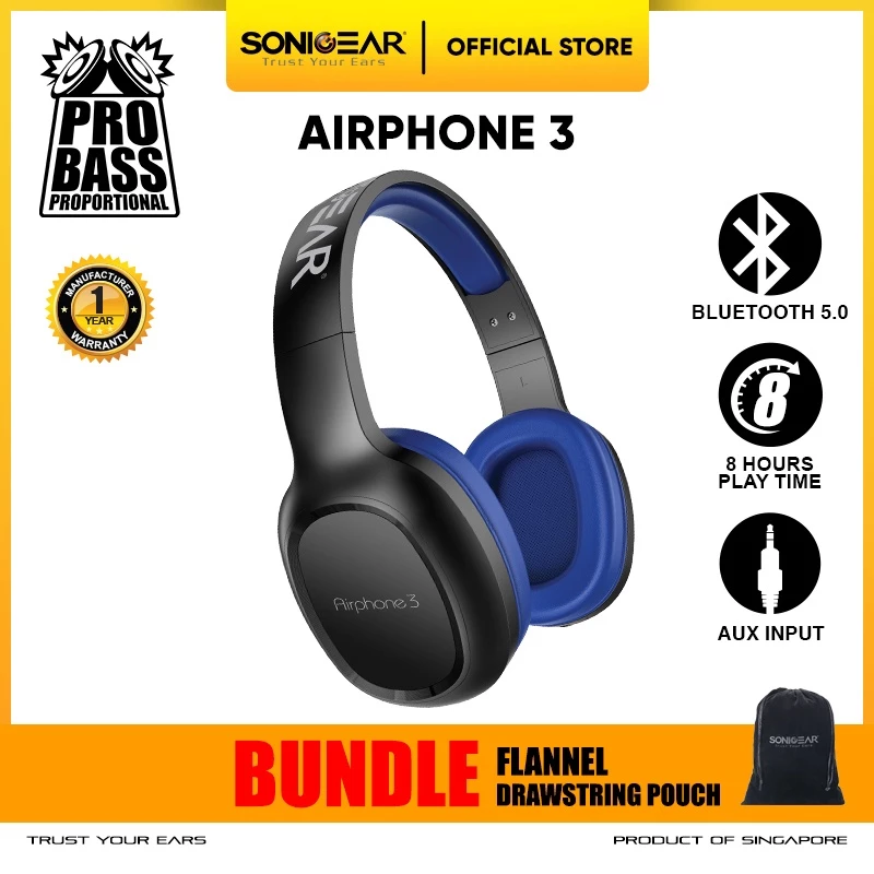 SonicGear Airphone 3 Headphone Bluetooth Bundle Flannel Drawstring Pouch