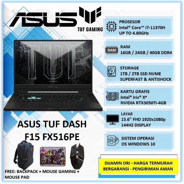 Jual Laptop Gaming Asus TUF DASH F15 Intel i7 Ram 40GB SSD 2TB