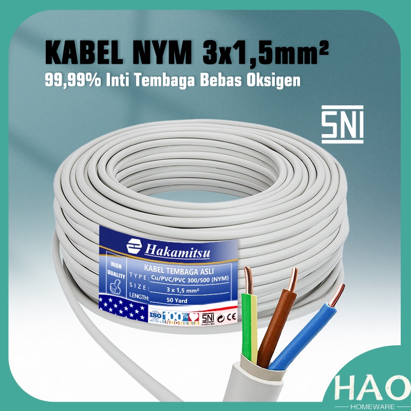 Jual Kabel NYM 3 x 1,5mm 50 Yard Full / Kabel Listrik Tembaga Murni PVC SNI  / Mrek Hakamitsu