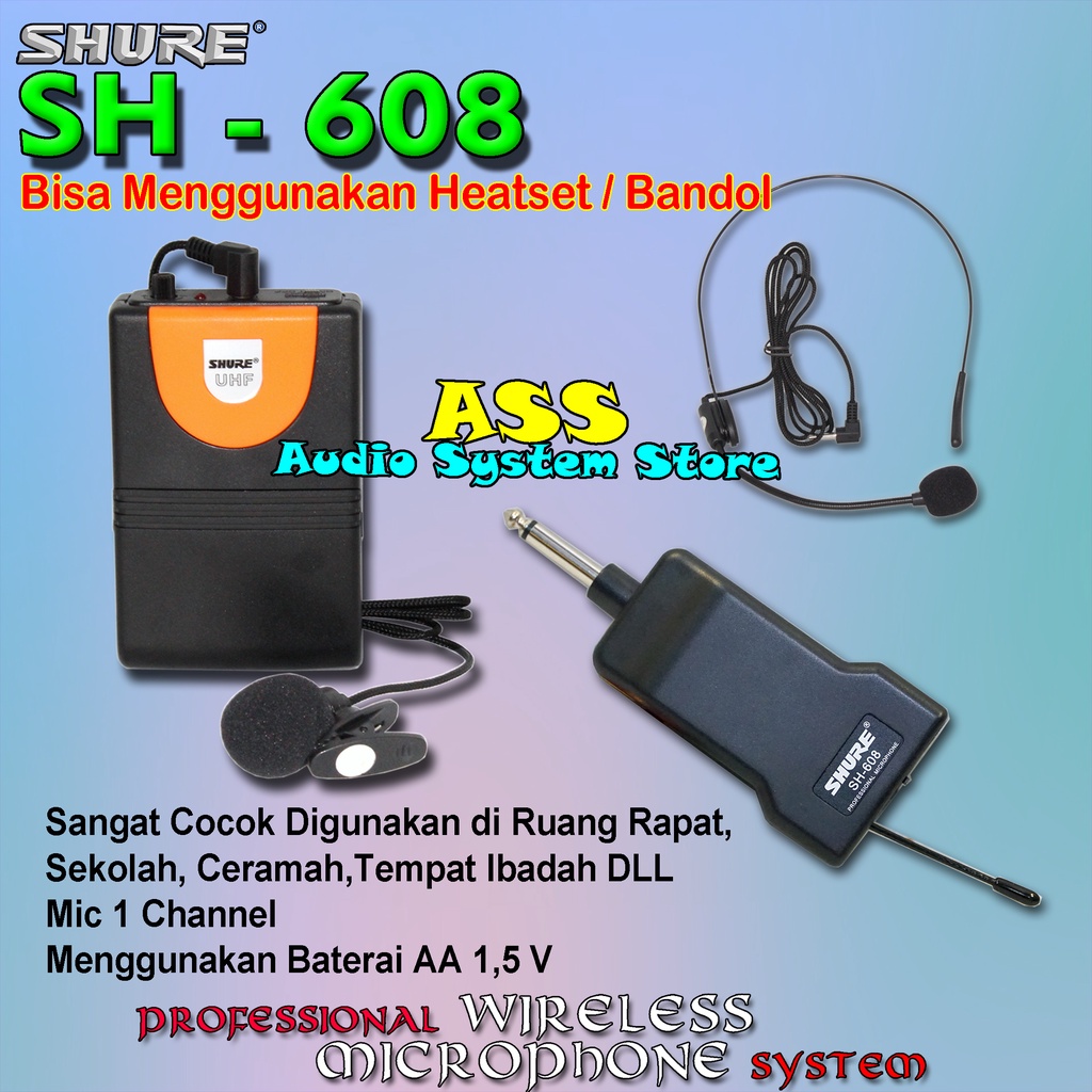 Jual Mic Wireless SH 608 / Mic Bandol + Clip On Shure SH608 UHF