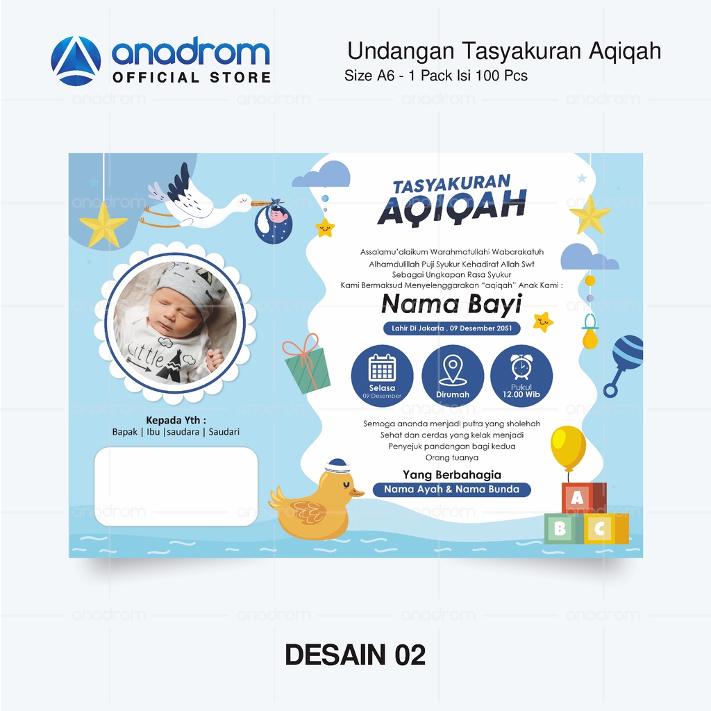 Jual Undangan Aqiqah Untuk anak Laki - Laki | 1 Paket Isi 100 PCS