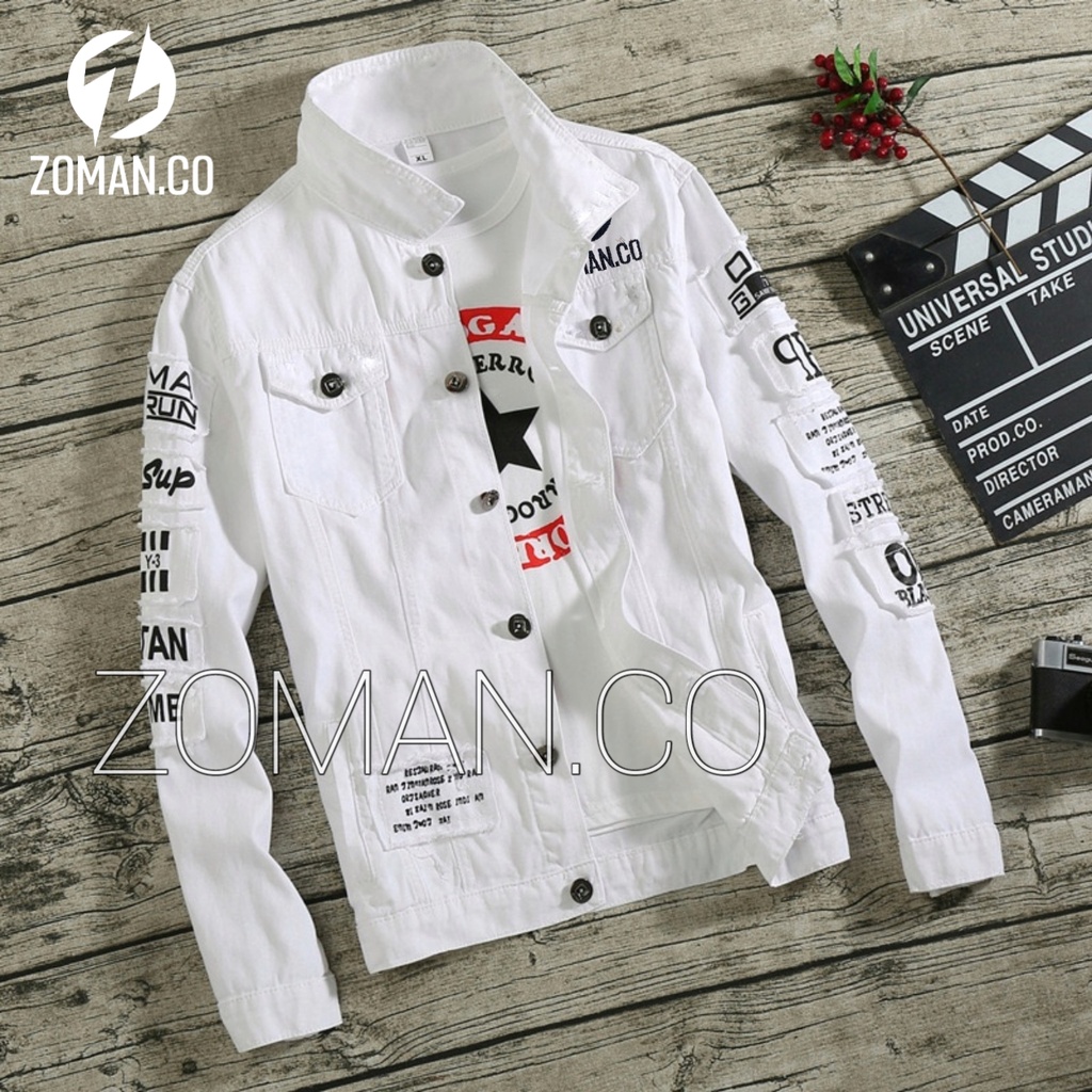 Jual Jaket Jeans Denim New Emblem Z01 WhiteJaket Casual Bordir Pria