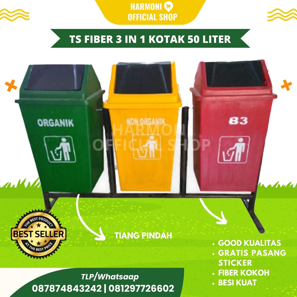 Jual Tempat Sampah Fiber Kotak 3 In 1 50 Liter Tong Sampahbak Sampahdustbin Organik Anorganik 9050