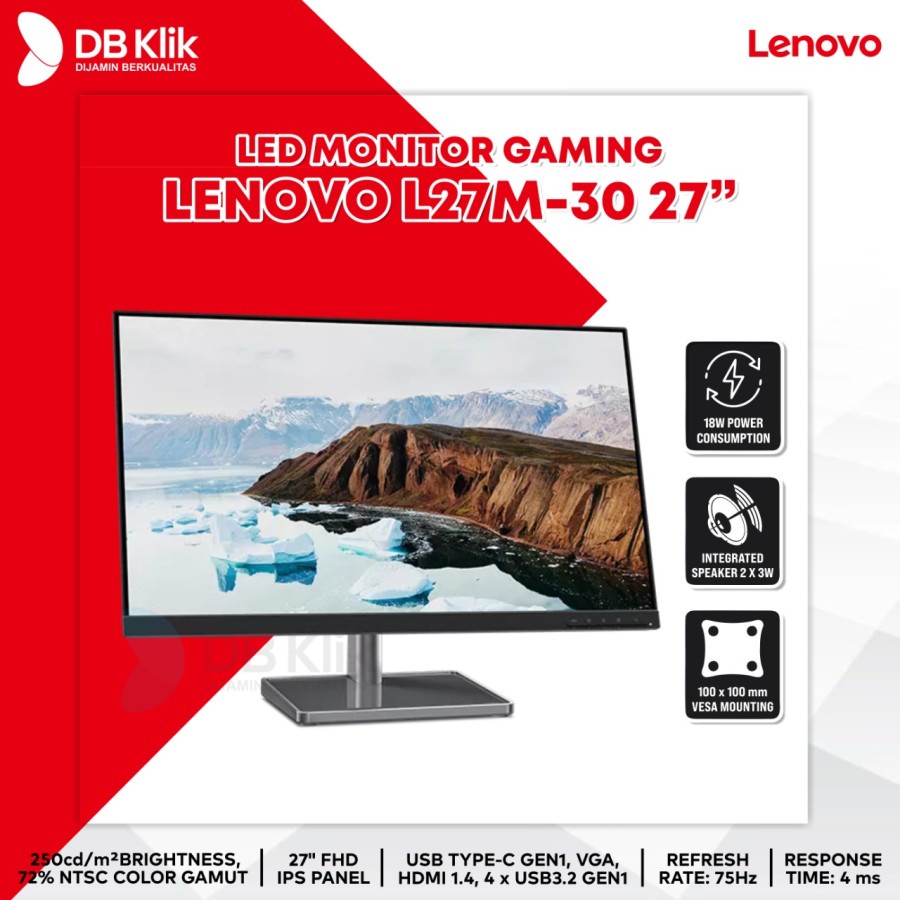 Jual LED Monitor LENOVO L27M30 27" 75Hz FHD HDMI VGA Type C