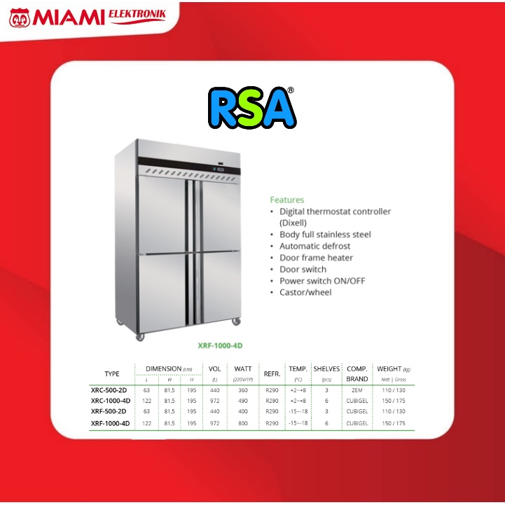 Jual RSA XRF-1000-4D S/S Upright Freezer 972 Liter 800 Watt | Shopee ...