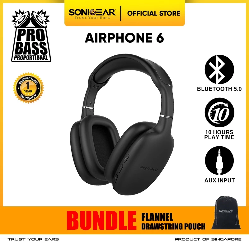 Headset Bluetooth Headphone Wireless SonicGear AirPhone 6 with Mic | Up to 10 Hours PlayTime Bundle Fannel Drawstring Pouch Bag