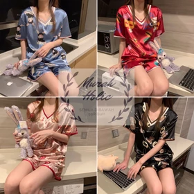MURHOL Baju Tidur Wanita Satin Set V Neck Lengan Pendek Celana Pendek Setelan Perempuan Baju