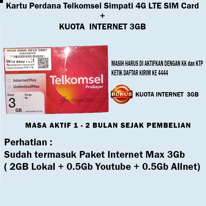 Jual Kartu Perdana Telkomsel Simpati 4G LTE SIM Card + Kuota 3GB Shopee Indonesia
